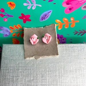 Handmade clay pink rose stud earrings